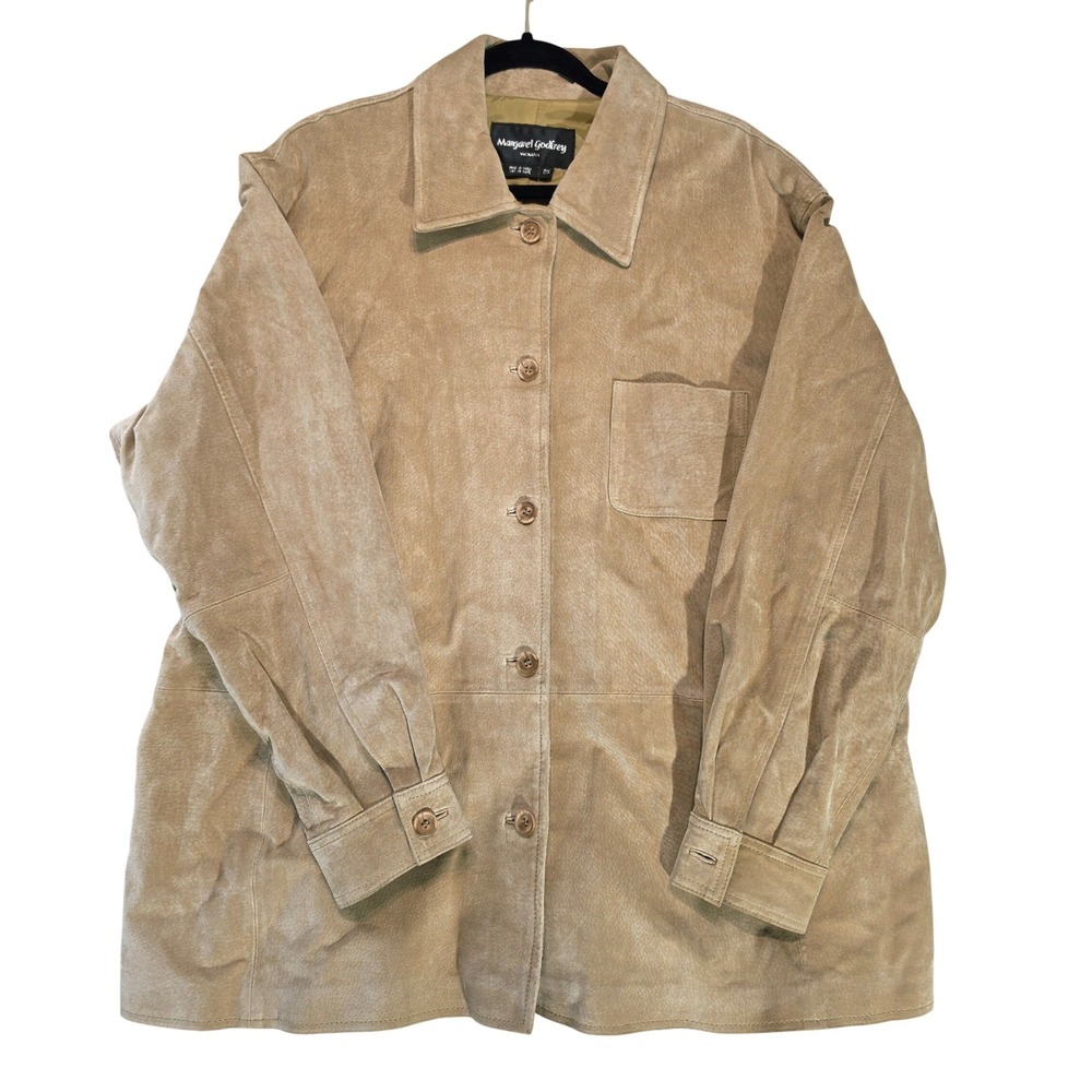 Vintage Margaret Godfrey Woman Tan Suede Leather Shirt Jacket 2X Button Front‎
